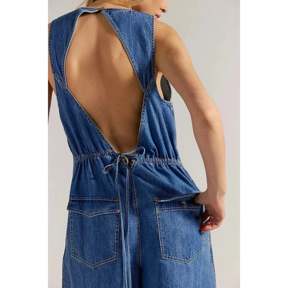 Free People We The Free Do No Wrong Jumpsuit Wide Leg Denim Cotton M 289099